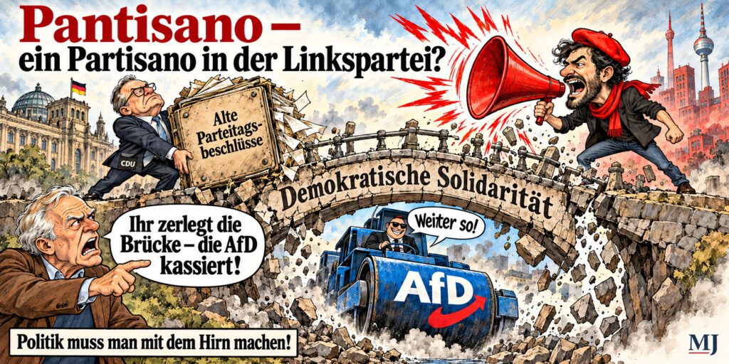 Rissige-Bruecke-zwischen-Megafon-Aktenmappe-und-Dampfwalze.